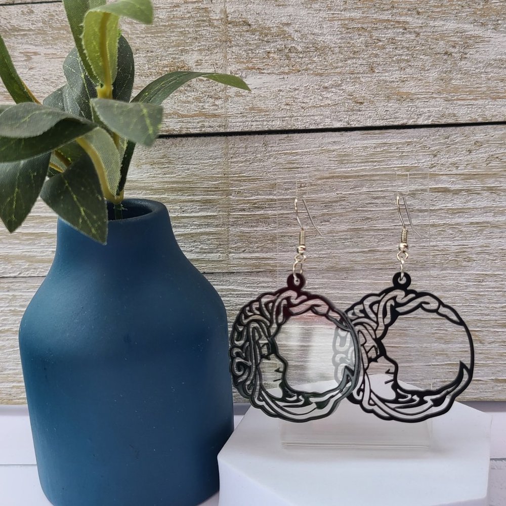 Steampunk Celestial Crescent Moon Lady Face Silhouette Dangle Earrings - Picture 4 of 5
